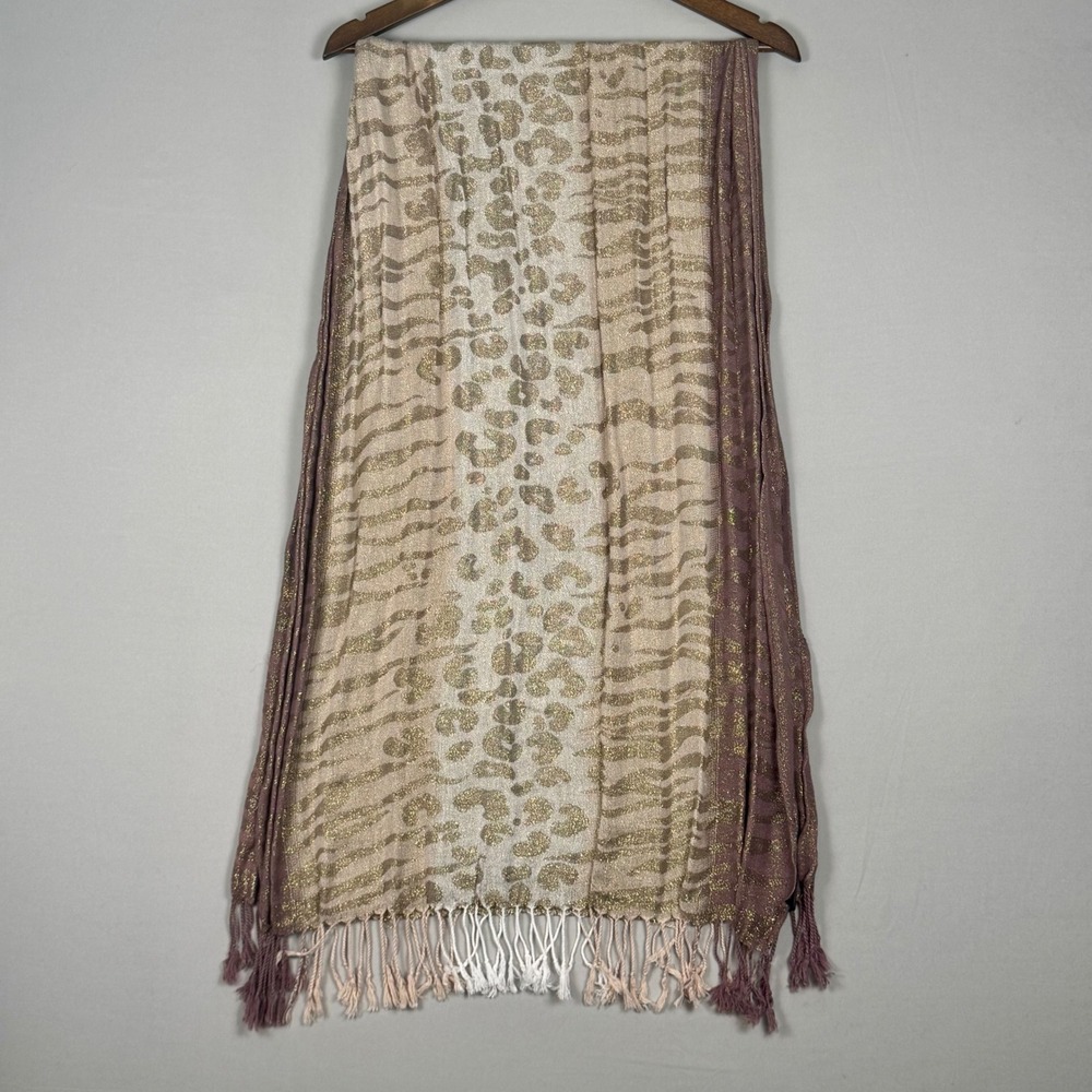 Charlie Paige Scarf Womens OS Mauve Gold Animal Print NWOT Metallic Fringe Wrap